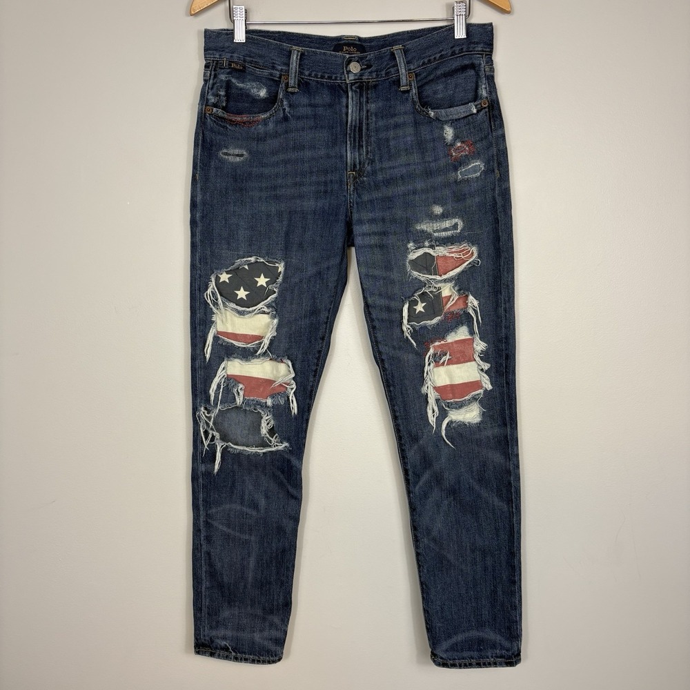 Polo Ralph Lauren Astor Slim Boyfriend Distressed American Flag Jeans Size 28